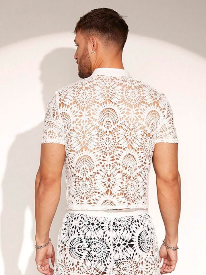 NIGHT-RIDER Men's Water Soluble Lace Short Sleeve Polo Sleepwear